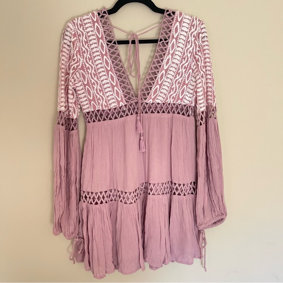 NWOT Free People $148 'Dusk Till Dawn' Embroidered Mini Dress Mauve Size 2 - Picture 3 of 12